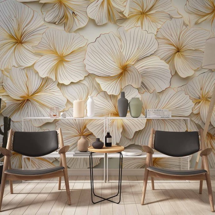 3D Gold Floral Wall Mural Flower Wallpaper YD-02454