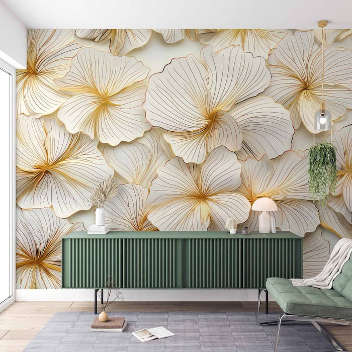 3D Gold Floral Wall Mural Flower Wallpaper YD-02454