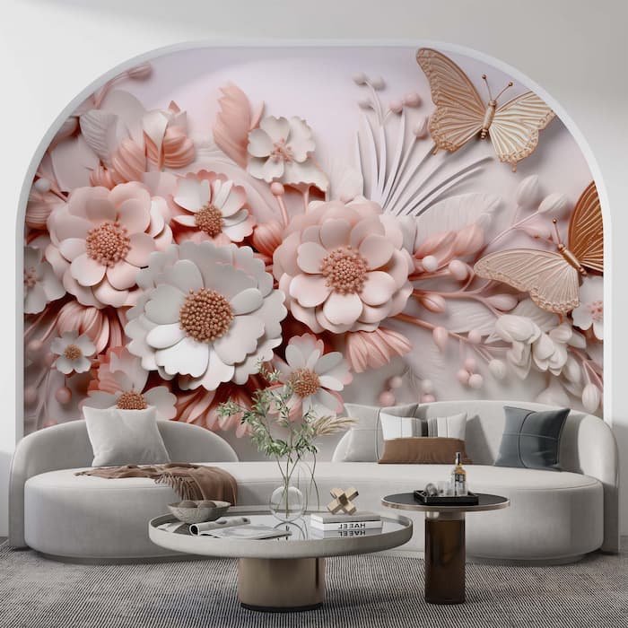 3D Pink Butterfly Wall Mural | Embossed Wallpaper YF-00885