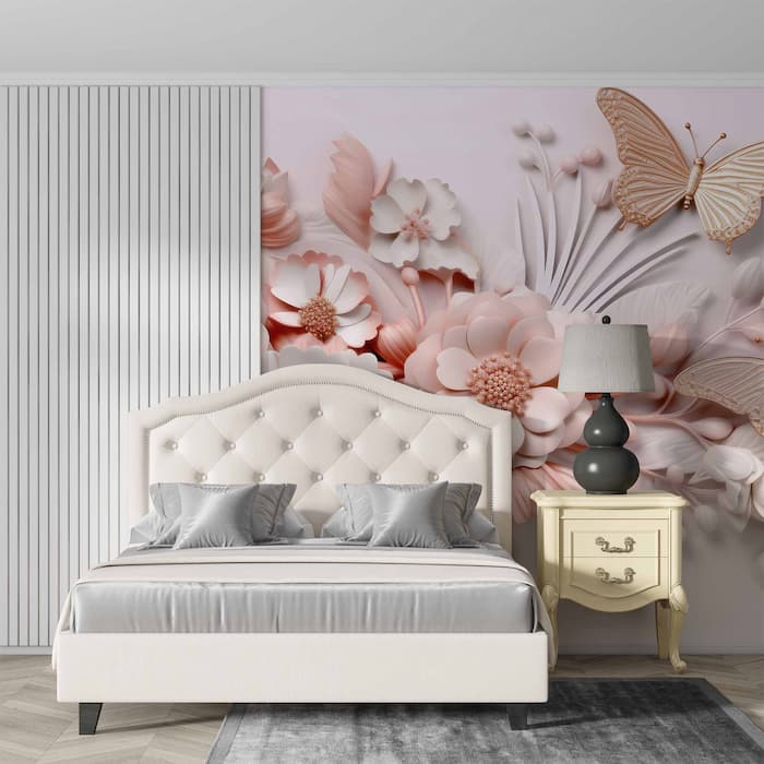3D Pink Butterfly Wall Mural | Embossed Wallpaper YF-00885