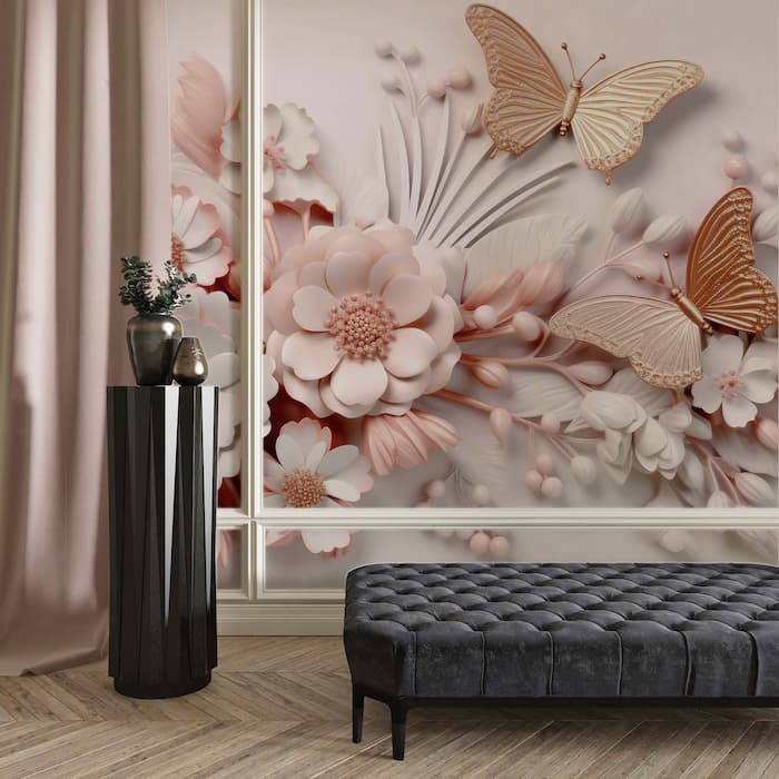 3D Pink Butterfly Wall Mural | Embossed Wallpaper YF-00885