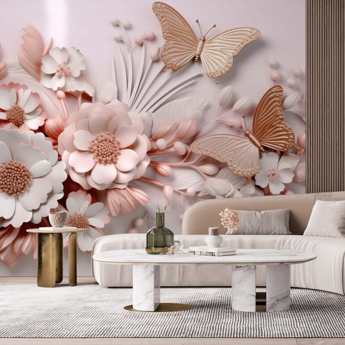 3D Pink Butterfly Wall Mural | Embossed Wallpaper YF-00885