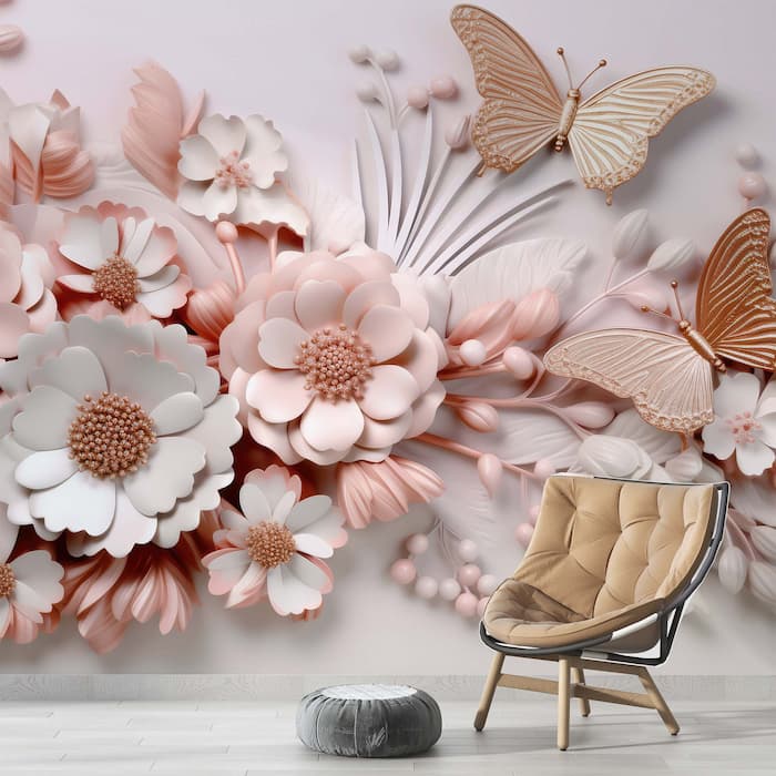 3D Pink Butterfly Wall Mural | Embossed Wallpaper YF-00885