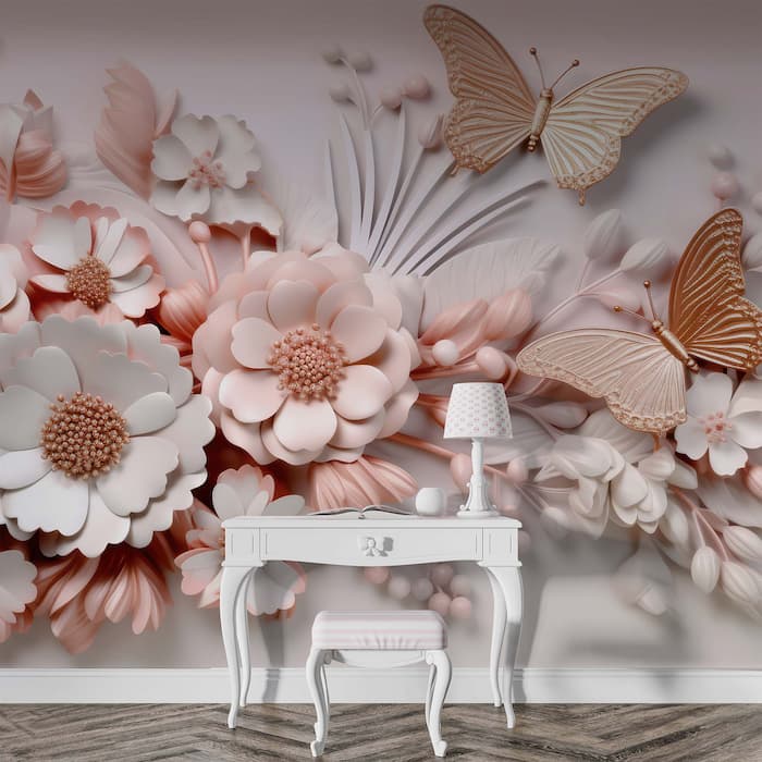 3D Pink Butterfly Wall Mural | Embossed Wallpaper YF-00885