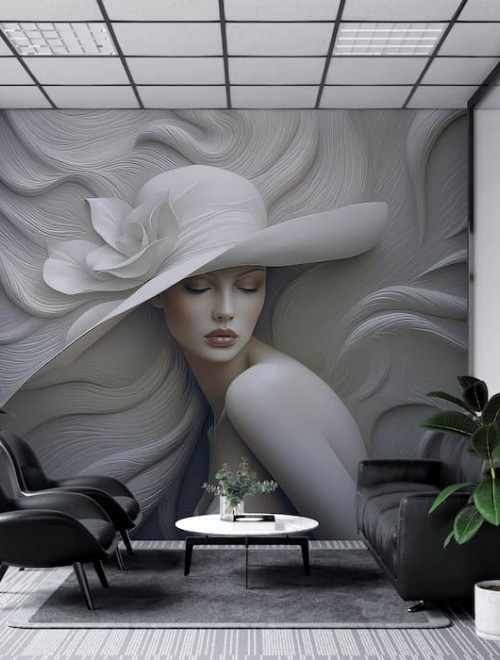 3D Woman with Hat Wallpaper | Embossed Mural YK-05060