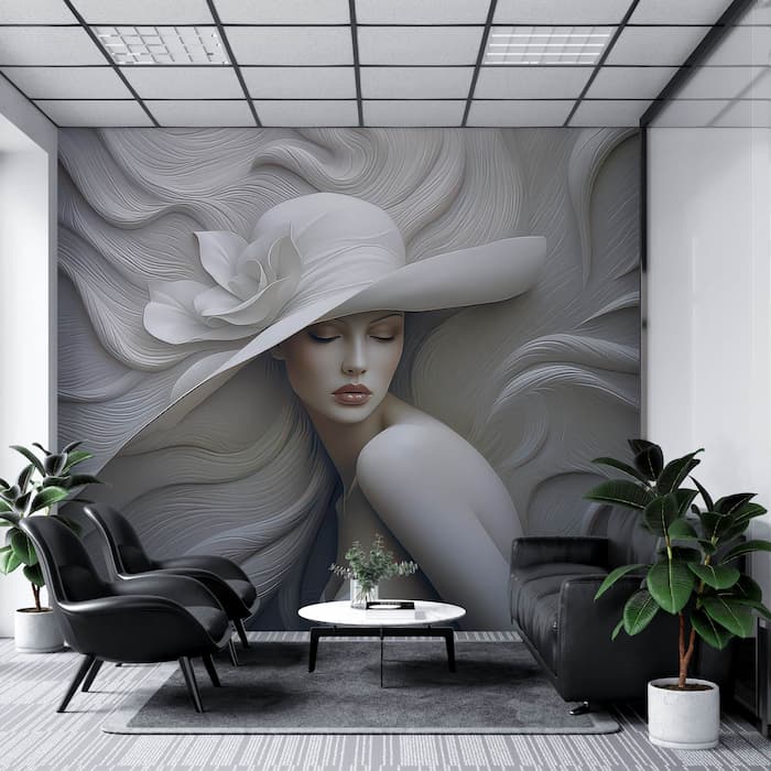 3D Woman with Hat Wallpaper | Embossed Mural YK-05060