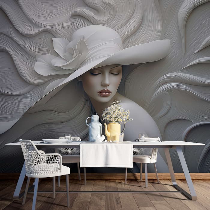 3D Woman with Hat Wallpaper | Embossed Mural YK-05060