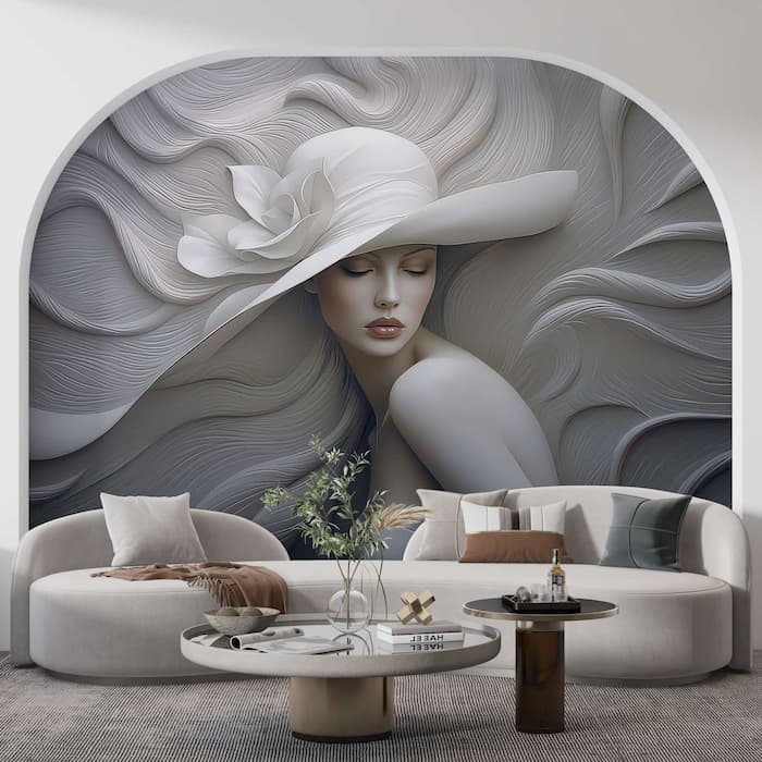3D Woman with Hat Wallpaper | Embossed Mural YK-05060