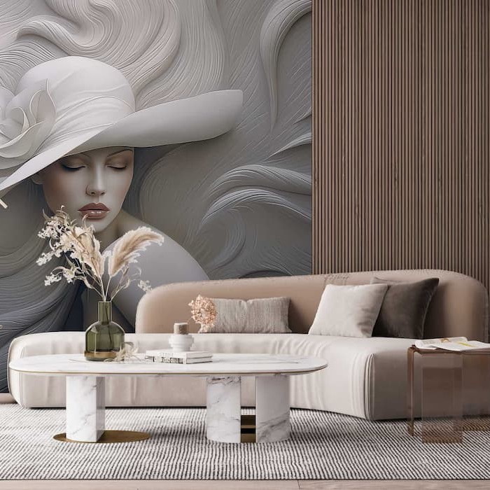 3D Woman with Hat Wallpaper | Embossed Mural YK-05060