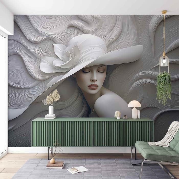 3D Woman with Hat Wallpaper | Embossed Mural YK-05060