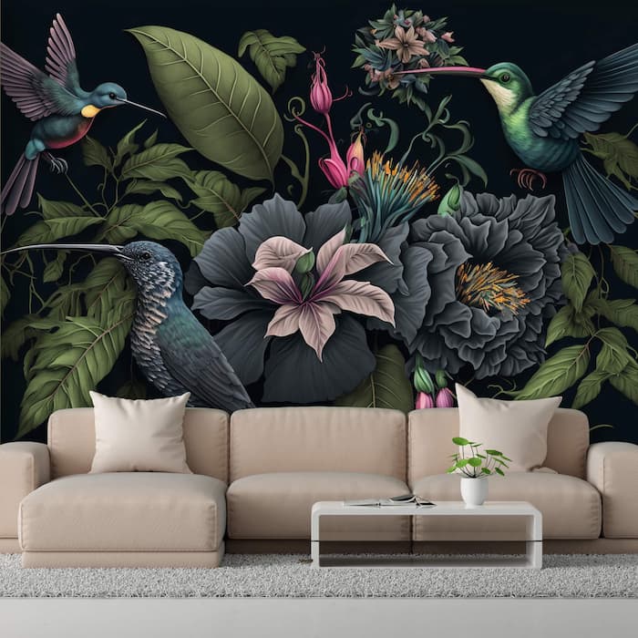 Dark Botanical Wall Mural | Hummingbird Wallpaper YF-00331