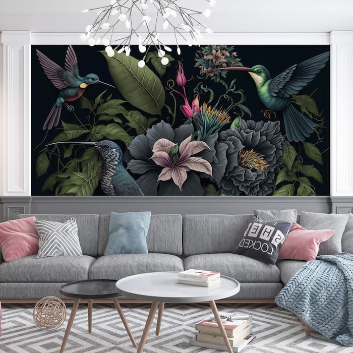 Dark Botanical Wall Mural | Hummingbird Wallpaper YF-00331