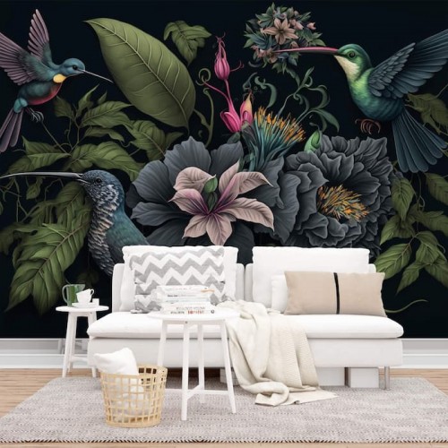 Dark Botanical Wall Mural | Hummingbird Wallpaper YF-00331