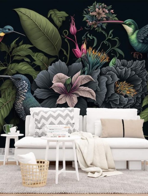 Dark Botanical Wall Mural | Hummingbird Wallpaper YF-00331