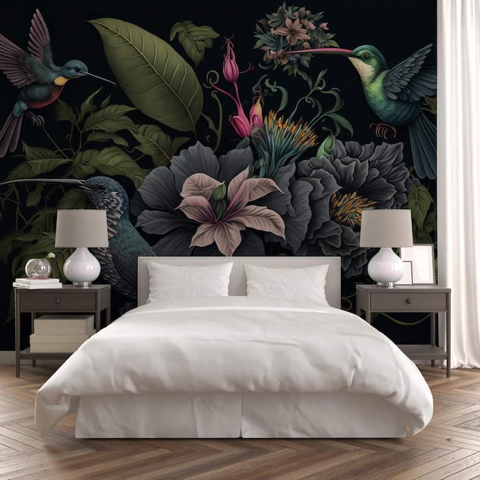 Dark Botanical Wall Mural | Hummingbird Wallpaper YF-00331