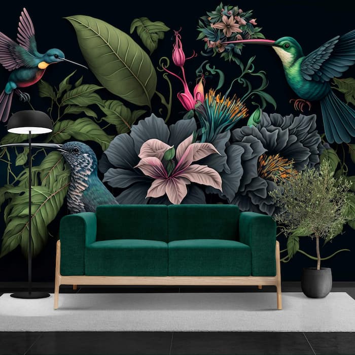 Dark Botanical Wall Mural | Hummingbird Wallpaper YF-00331