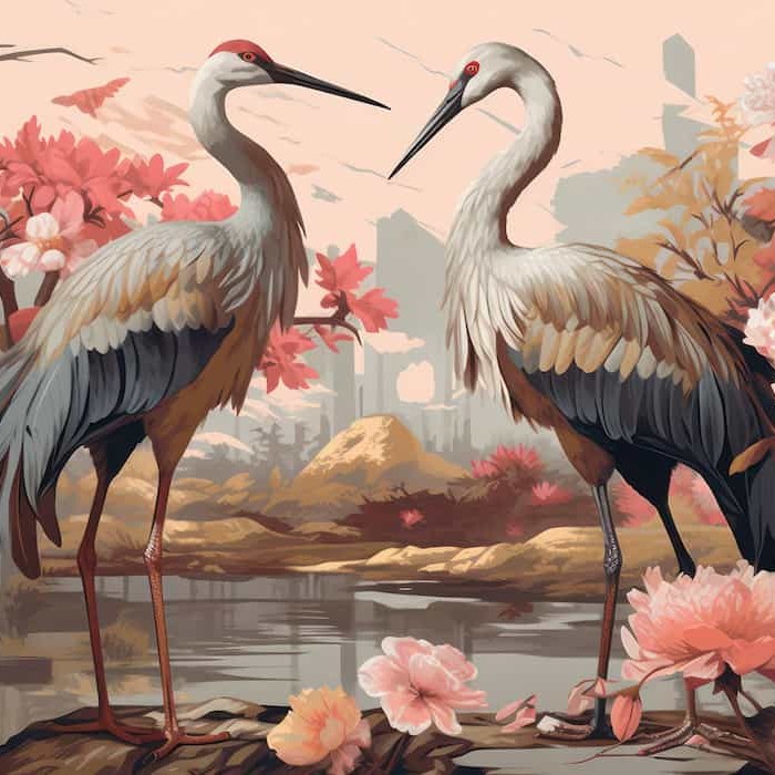 Japanese Crane Wallpaper | Floral Nature Mural YH-00888