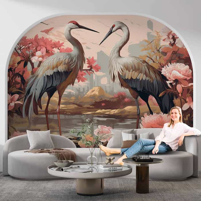 Japanese Crane Wallpaper | Floral Nature Mural YH-00888