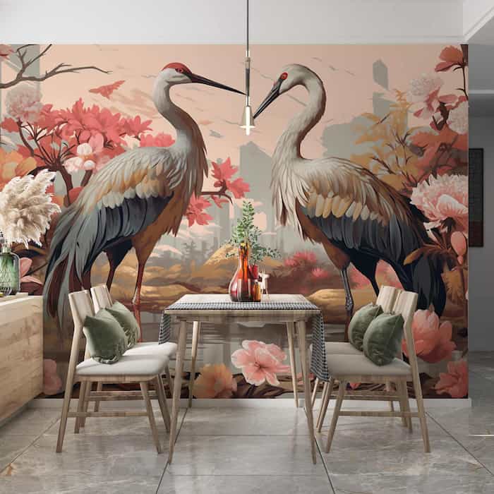 Japanese Crane Wallpaper | Floral Nature Mural YH-00888