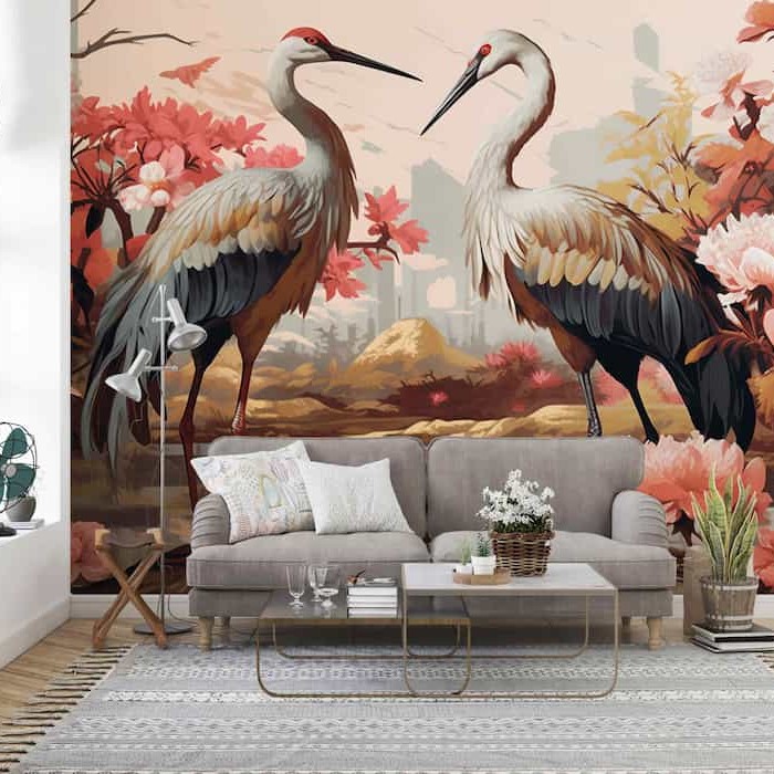 Japanese Crane Wallpaper | Floral Nature Mural YH-00888