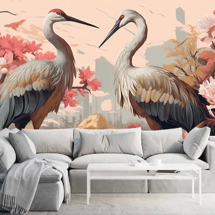 Japanese Crane Wallpaper | Floral Nature Mural YH-00888