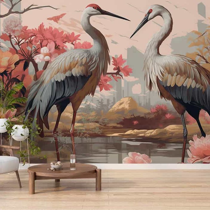 Japanese Crane Wallpaper | Floral Nature Mural YH-00888
