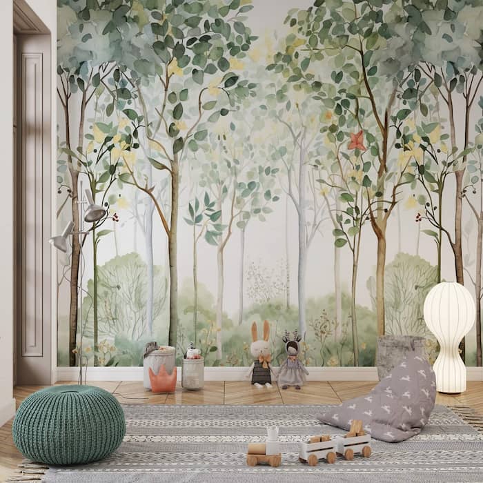 Watercolor Forest Mural | Jungle Nursery Wallpaper YCO-02525