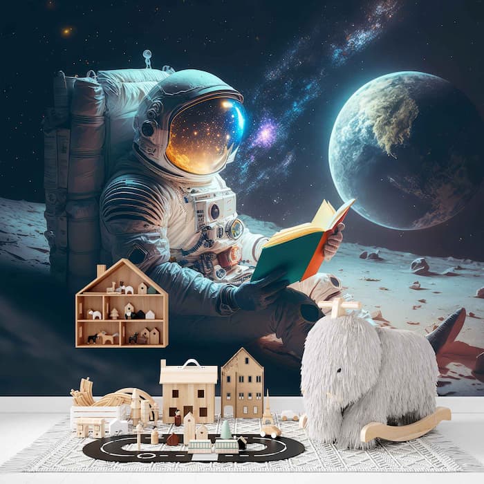 Astronaut Reading on Moon Wallpaper | Space Mural YU-10020 Astronaut Reading on Moon Wallpaper | Space Mural YU-10020