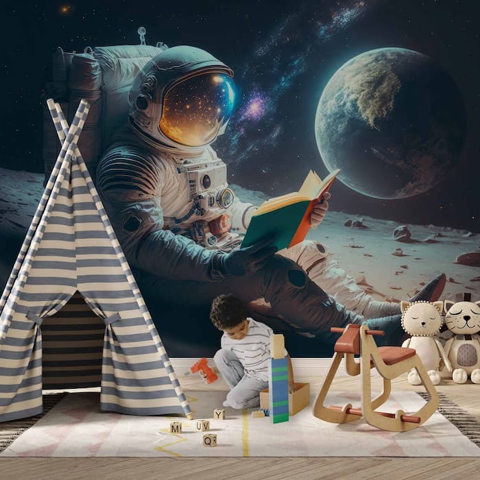 Astronaut Reading on Moon Wallpaper | Space Mural YU-10020 Astronaut Reading on Moon Wallpaper | Space Mural YU-10020