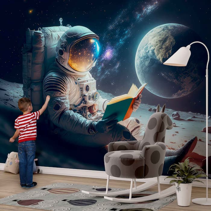 Astronaut Reading on Moon Wallpaper | Space Mural YU-10020 Astronaut Reading on Moon Wallpaper | Space Mural YU-10020