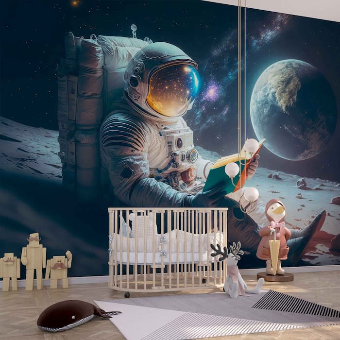 Astronaut Reading on Moon Wallpaper | Space Mural YU-10020 Astronaut Reading on Moon Wallpaper | Space Mural YU-10020