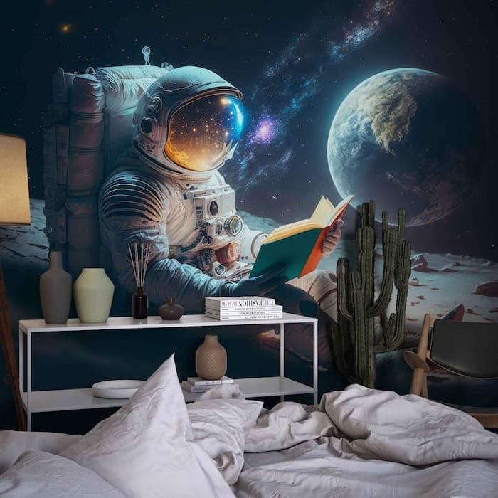 Astronaut Reading on Moon Wallpaper | Space Mural YU-10020 Astronaut Reading on Moon Wallpaper | Space Mural YU-10020