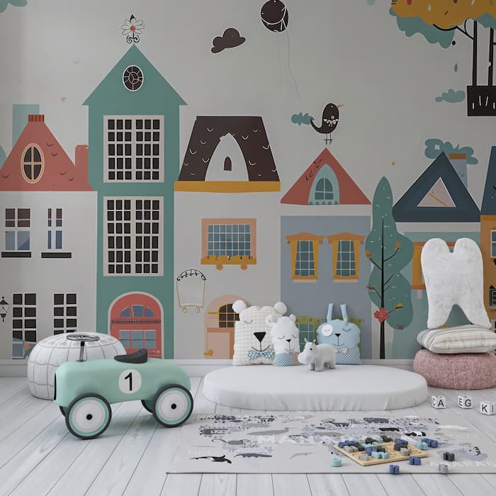 Colorful Town Wallpaper | Kids Watercolor Mural YCO-02561
