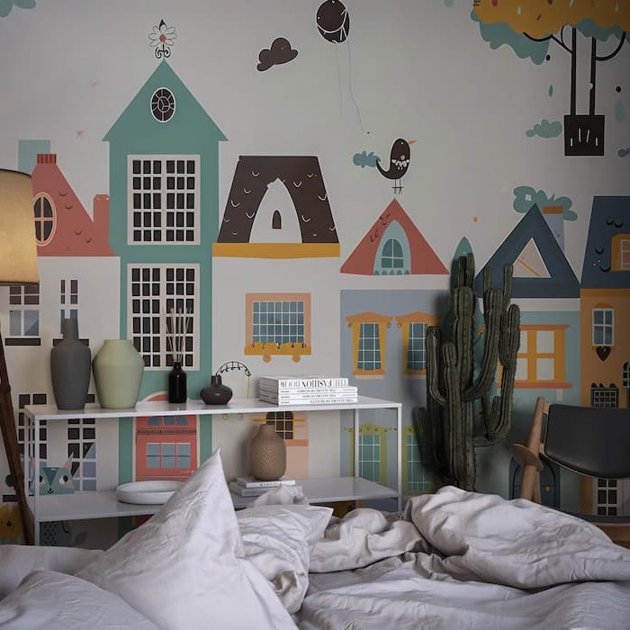 Colorful Town Wallpaper | Kids Watercolor Mural YCO-02561