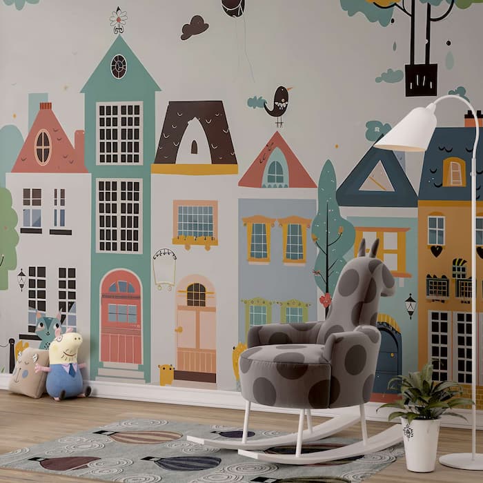 Colorful Town Wallpaper | Kids Watercolor Mural YCO-02561