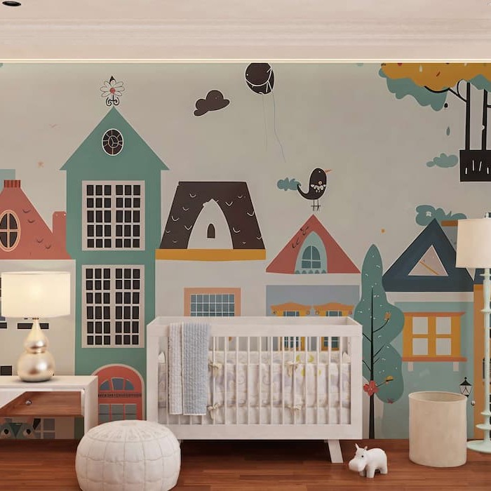Colorful Town Wallpaper | Kids Watercolor Mural YCO-02561