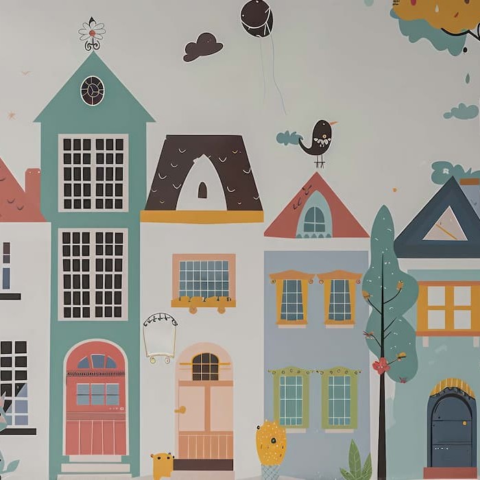 Colorful Town Wallpaper | Kids Watercolor Mural YCO-02561