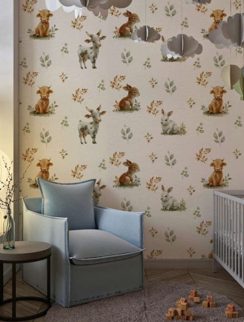 Cute Bunny Watercolor Wallpaper | Woodland Mural YCO-30011