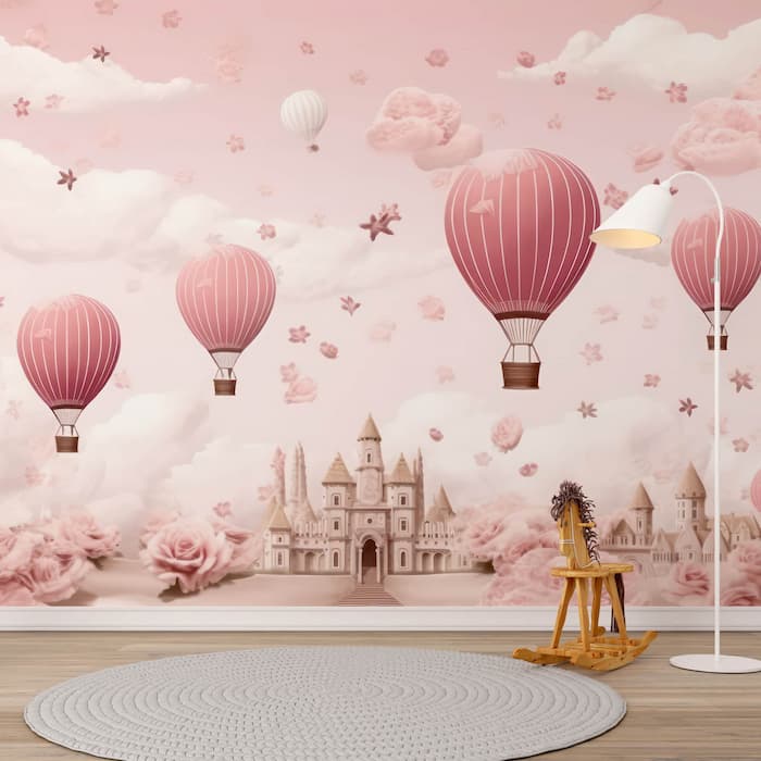 Hot Air Balloon Wallpaper | Pink Watercolor Mural YCO-02522