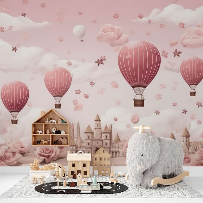 Hot Air Balloon Wallpaper | Pink Watercolor Mural YCO-02522