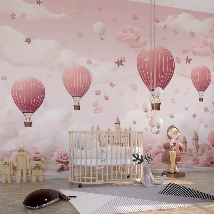 Hot Air Balloon Wallpaper | Pink Watercolor Mural YCO-02522