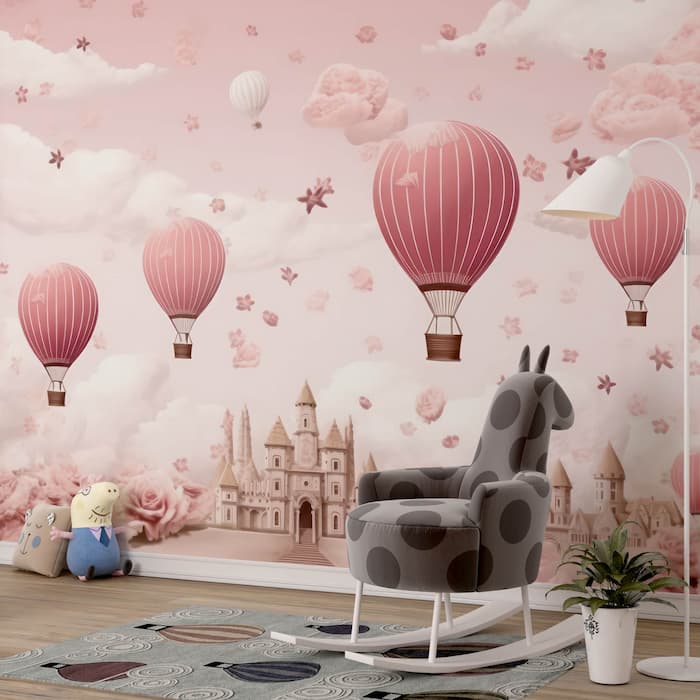 Hot Air Balloon Wallpaper | Pink Watercolor Mural YCO-02522