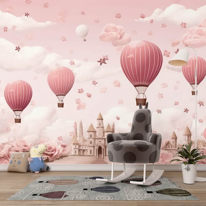 Hot Air Balloon Wallpaper | Pink Watercolor Mural YCO-02522