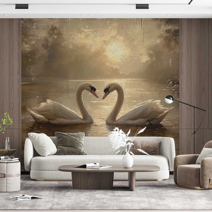 Swans on Lake Wall Mural | Elegant Watercolor Décor YH-05064