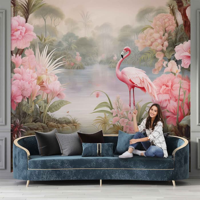Tropical Flamingo Wallpaper – Elegant Floral Wall Mural YH-02325
